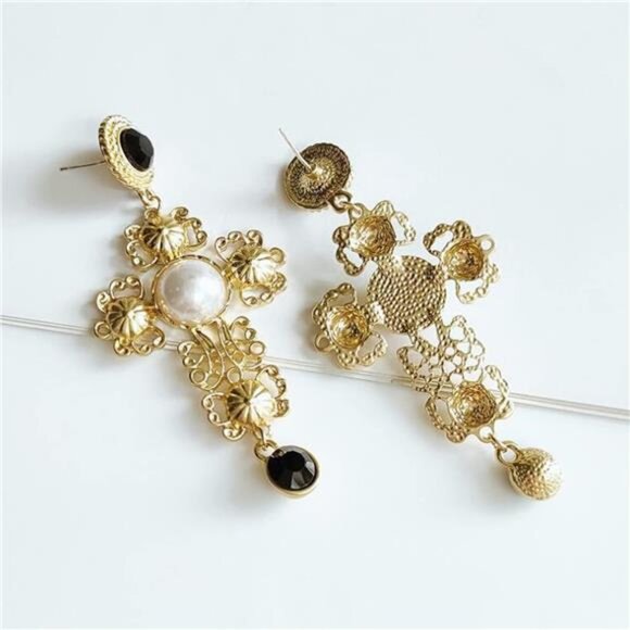 Large Zircon Cross Earrings | 2.6” Boho Punk Statement Dangles | Hypoallergenic - Picture 6 of 6